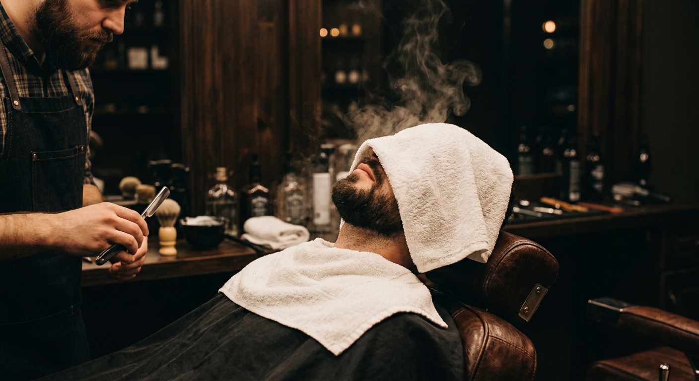Hot towel shave in progress at Signature Cuts